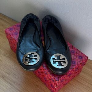 Tory Burch Black Leather Ballet Flats with Silver Logo Medallion